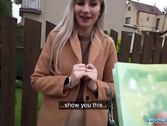 Cute Blonde Flashes Her Perky Titties for Cash, Fucks Huge Cock in a Basement
